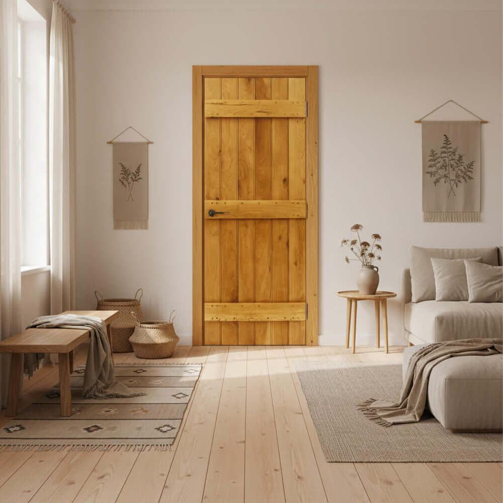 Lifestyle solid oak ledge with optional braces single sliding door kit installed in a home