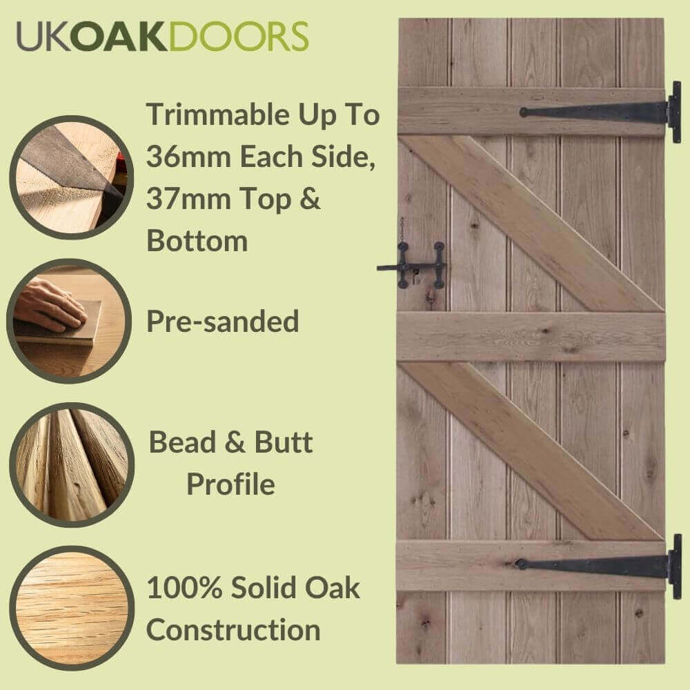 Graphic Solid Oak Ledge and Braced Rustic Bead and Butt Door specification panel