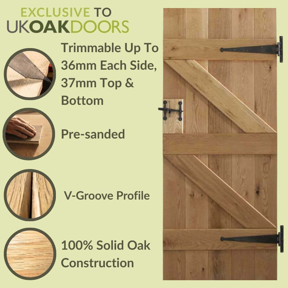 Graphic solid oak ledge and braced rustic V-groove door information panel