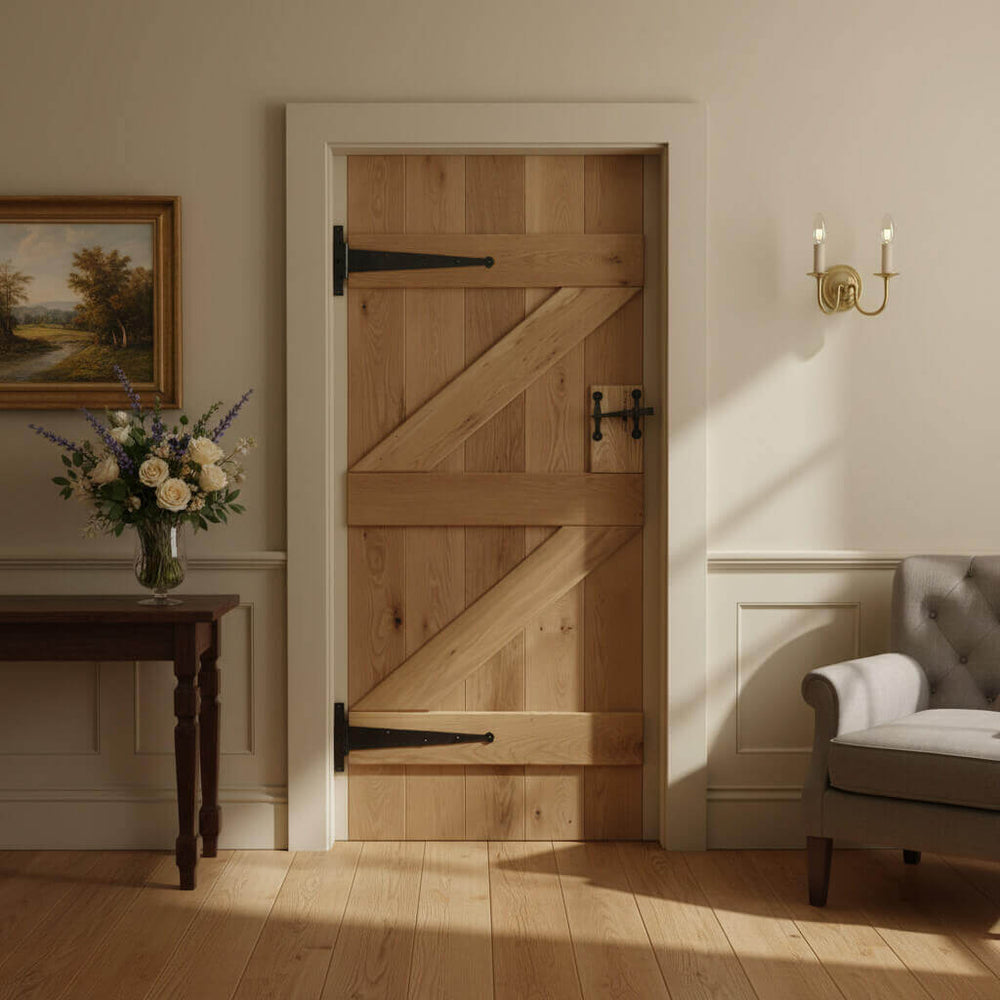 Lifestyle solid oak ledge and braced rustic V-groove door installed in a home