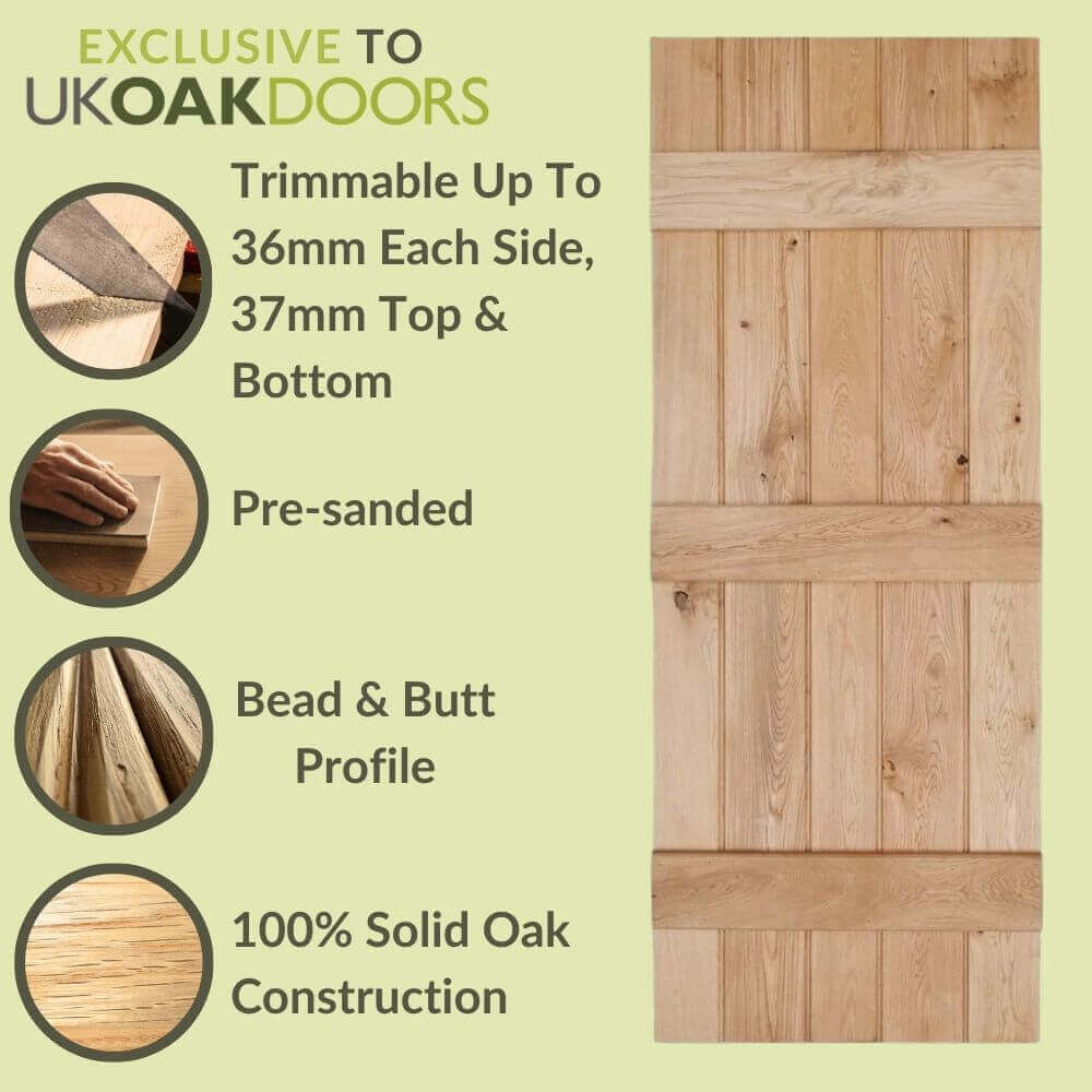 Graphic solid oak rustic three-ledged bead and butt barn door information panel