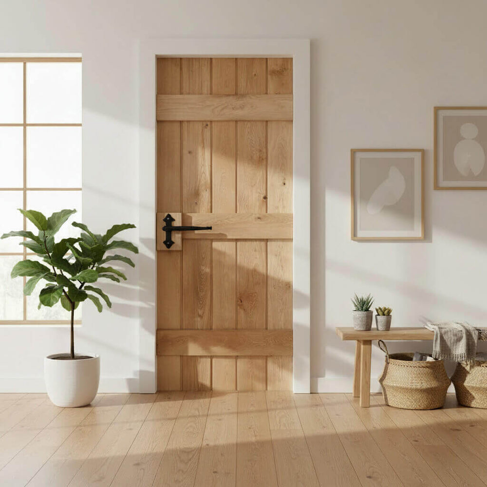 Lifestyle solid oak rustic three-ledged bead and butt barn door installed in a home interior