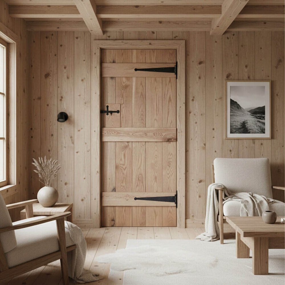 Lifestyle solid oak rustic ledged door installed in a home