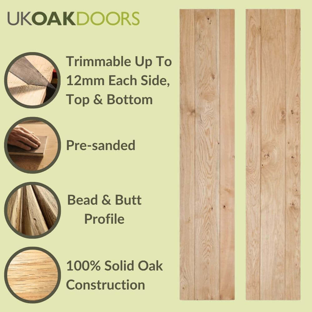 Graphic solid oak rustic bifold three-ledge bead and butt cottage door information panel