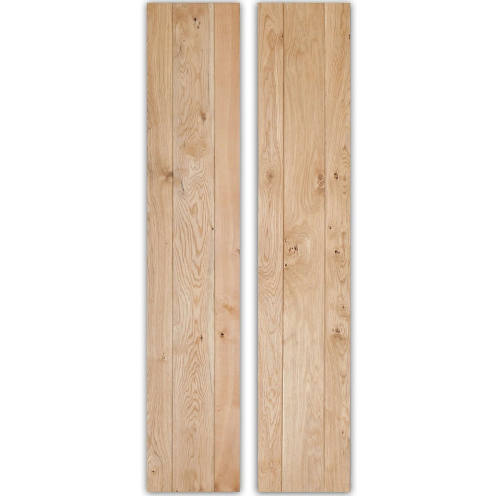 Product solid oak rustic bifold three-ledge bead and butt cottage door front view
