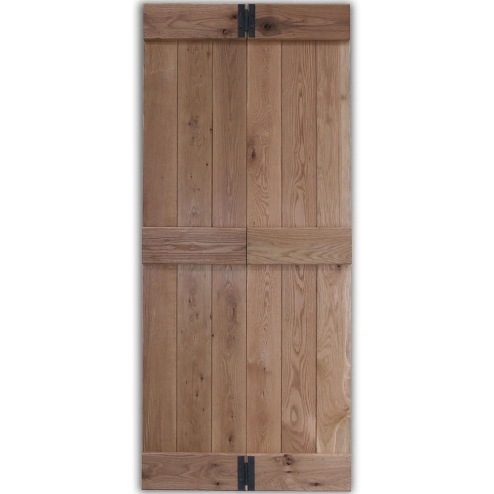 Product solid oak rustic bifold three-ledge bead and butt cottage door panel detail