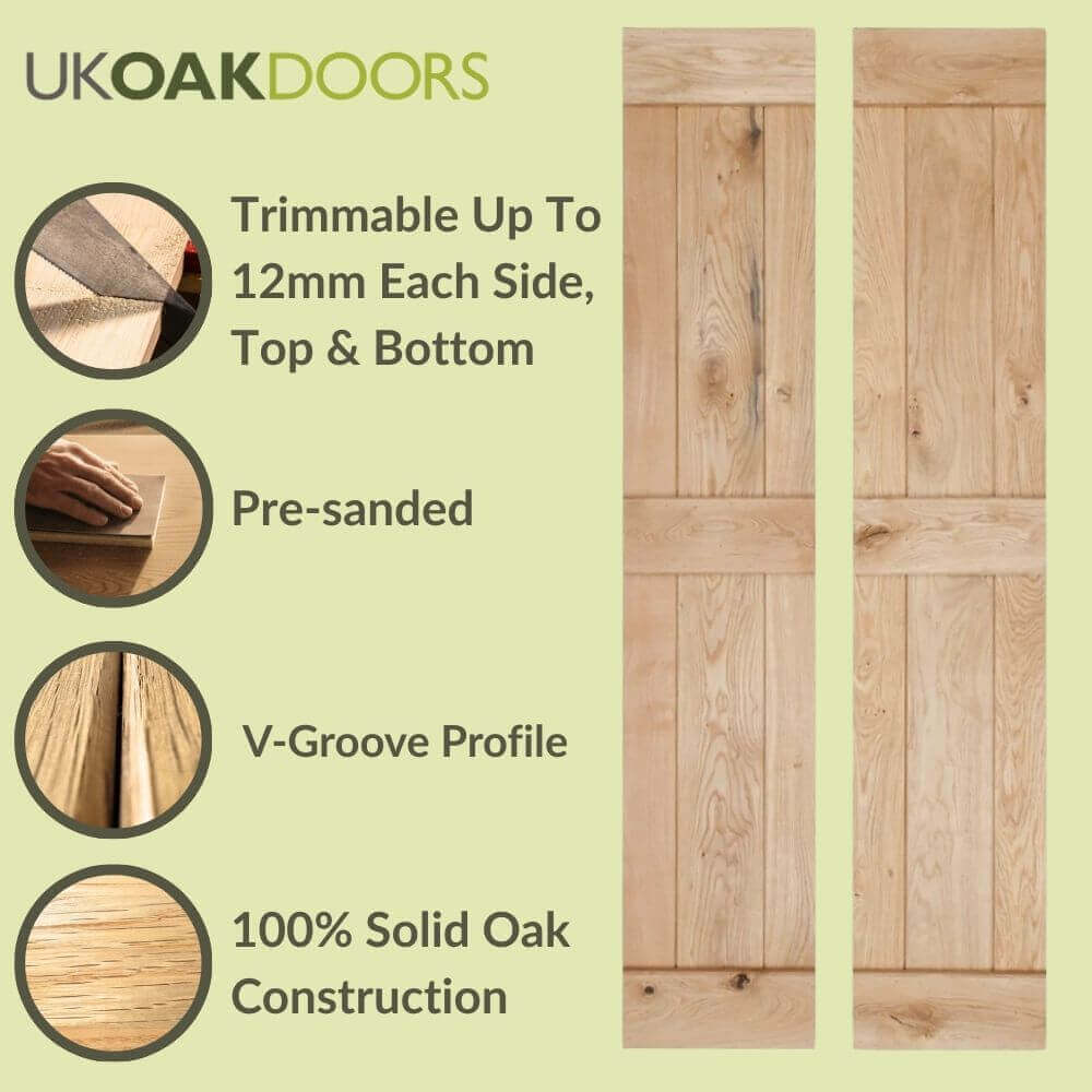 Graphic solid oak rustic bifold three-ledge V-groove cottage door information panel