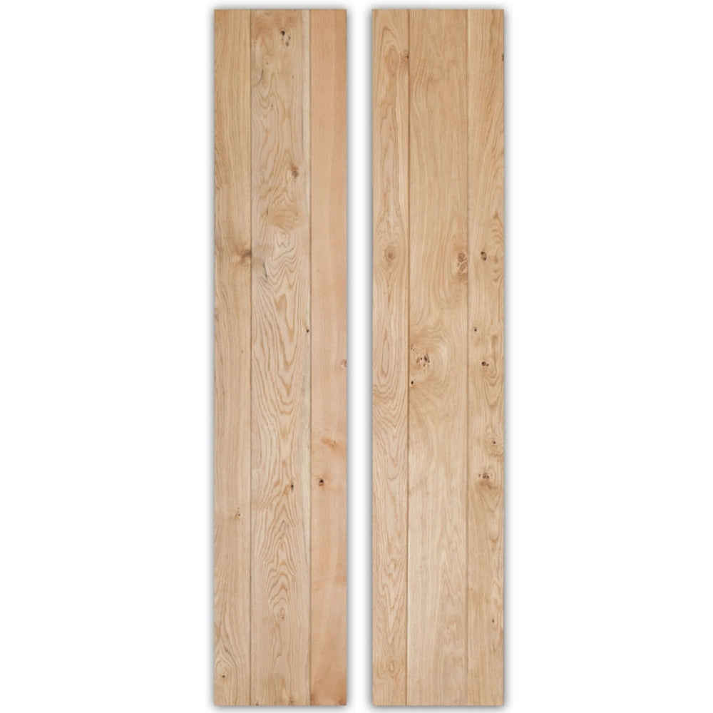 Product solid oak rustic bifold three-ledge V-groove cottage door front view