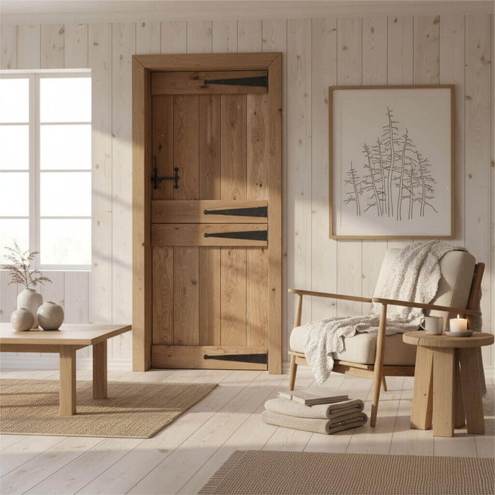 Lifestyle solid oak rustic butt and bead profile stable door installed in a home