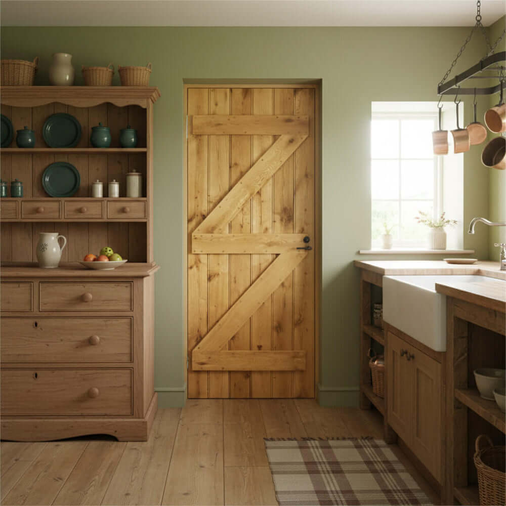 Lifestyle solid oak rustic ledge and brace door installed in a home