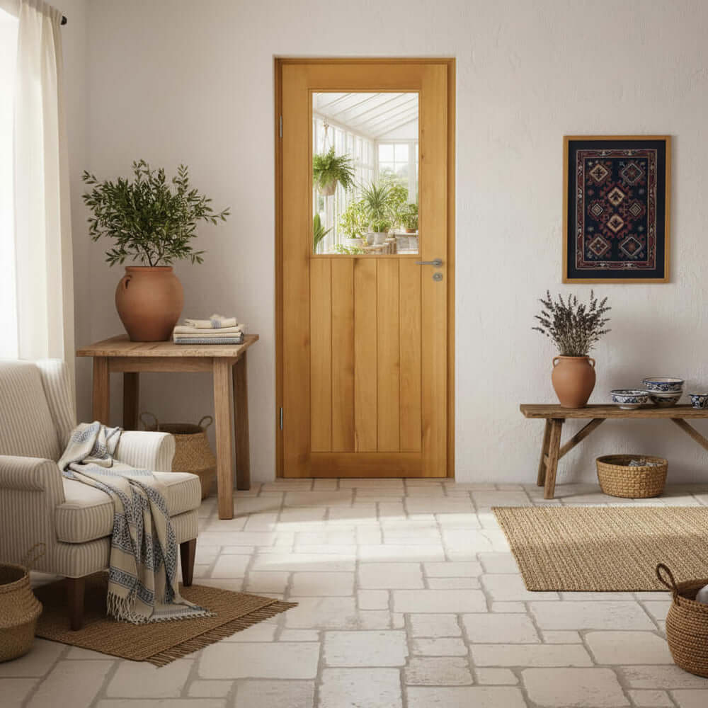 Lifestyle solid oak Suffolk half glazed door installed in a home