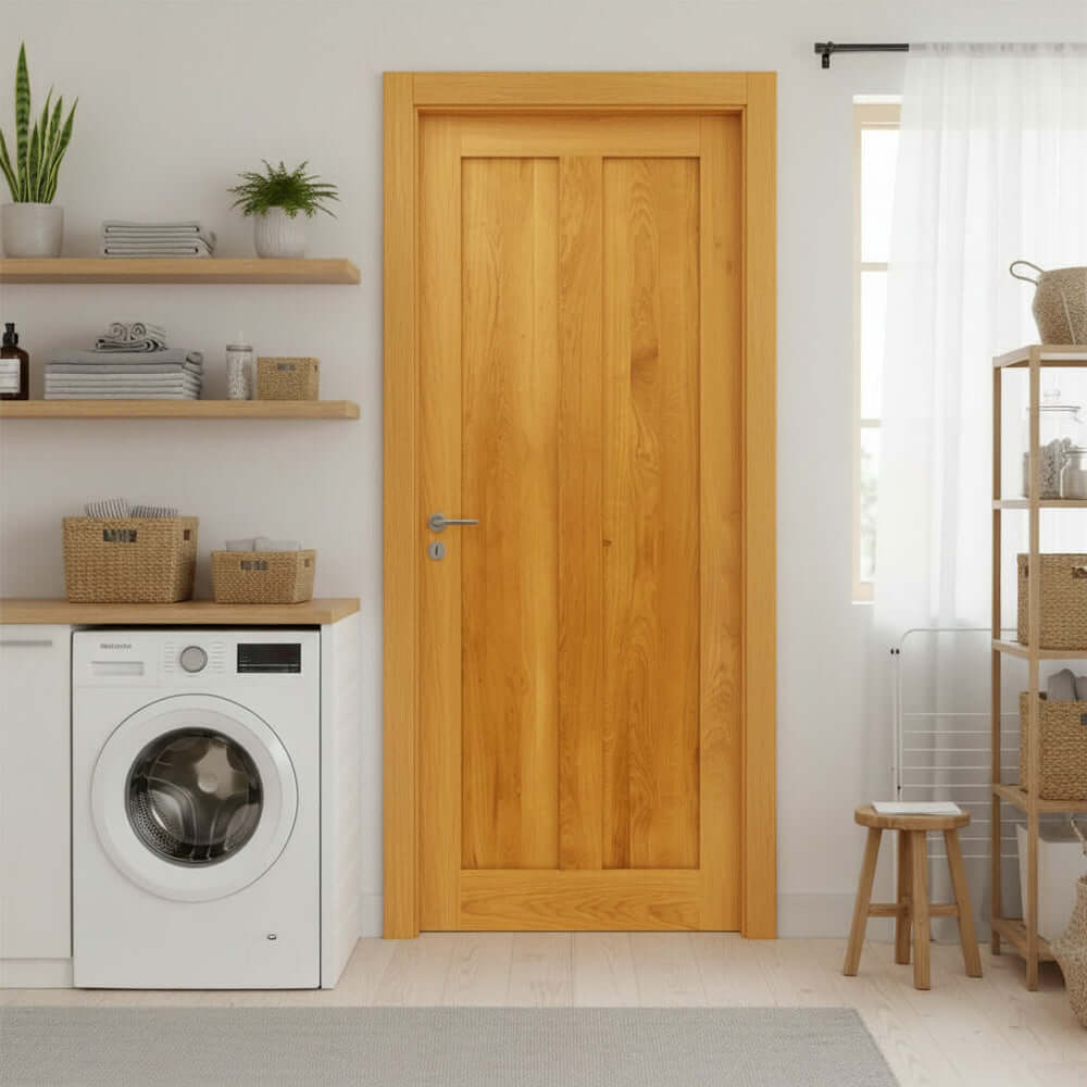Lifestyle solid oak two panel door installed in a home interior