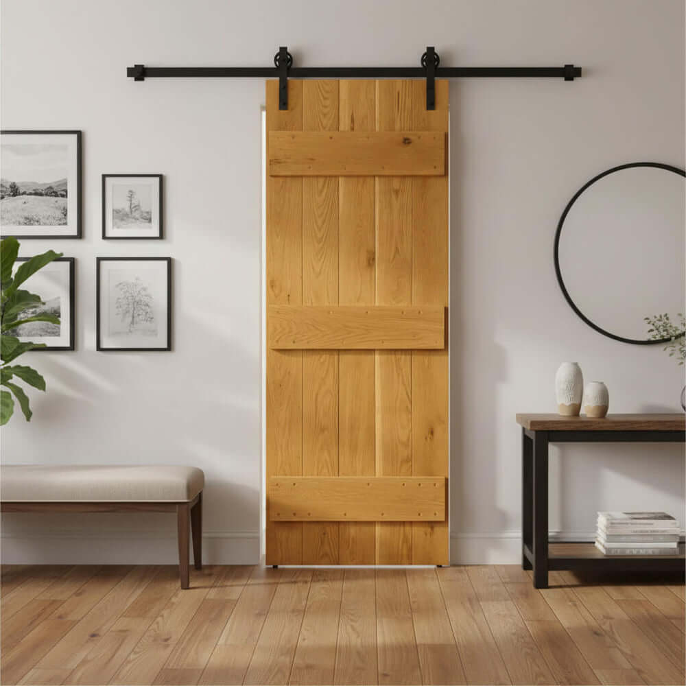 Lifestyle solid oak V-groove barn door installed in a home