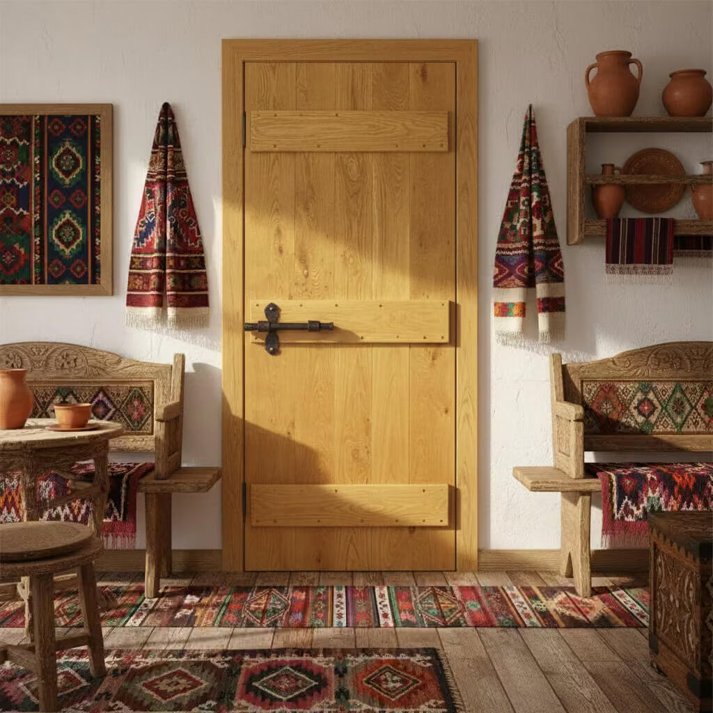 lifestyle Wooden door in a room with traditional decor, including a rug, chairs, and wall art.