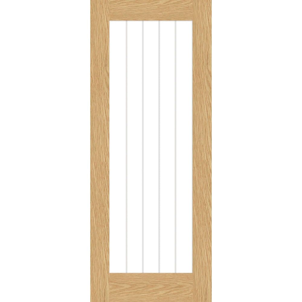 Suffolk cottage style prefinished oak glazed internal door with vertical grooves and a frosted-lined glass pane