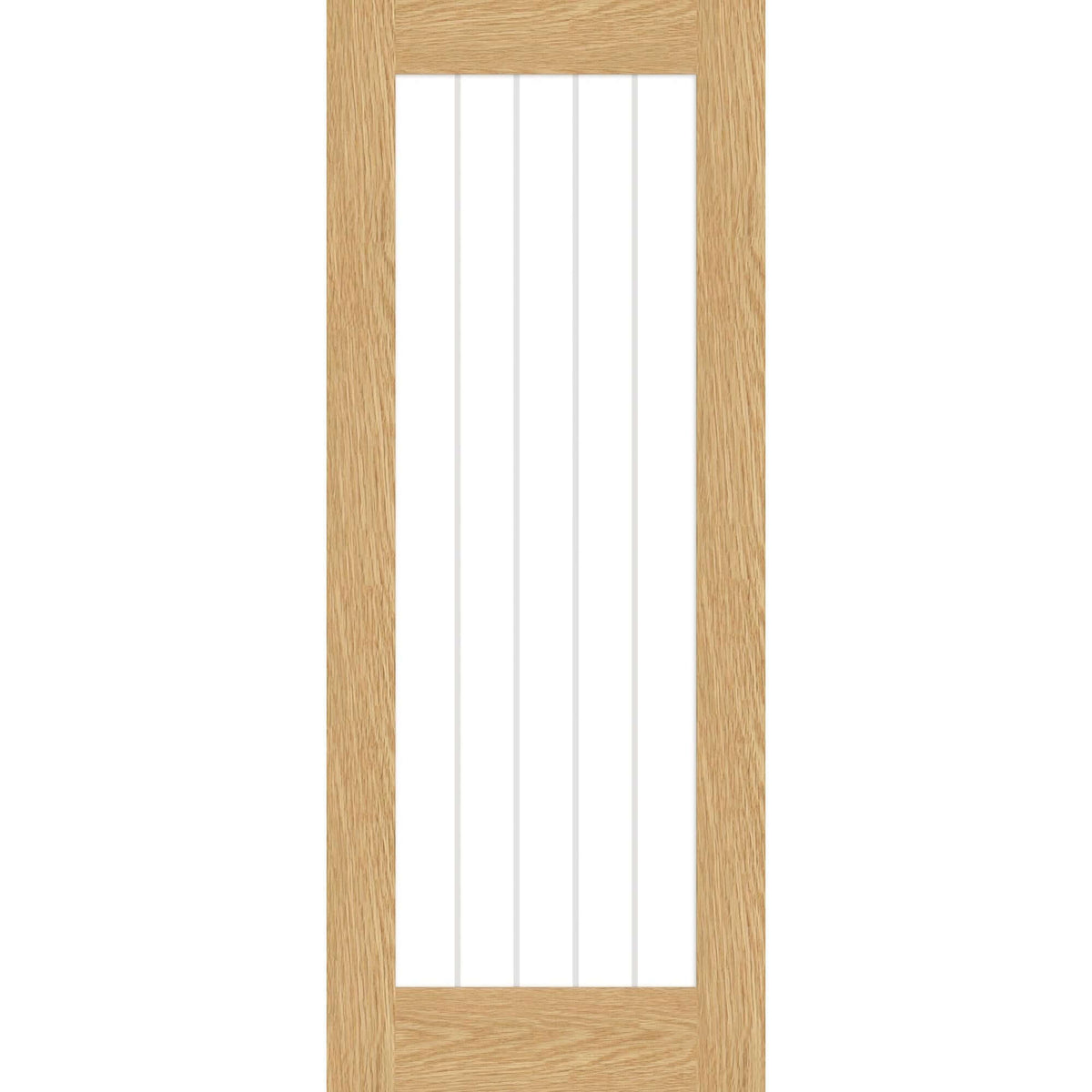 Suffolk cottage style prefinished oak glazed internal door with vertical grooves and a frosted-lined glass pane