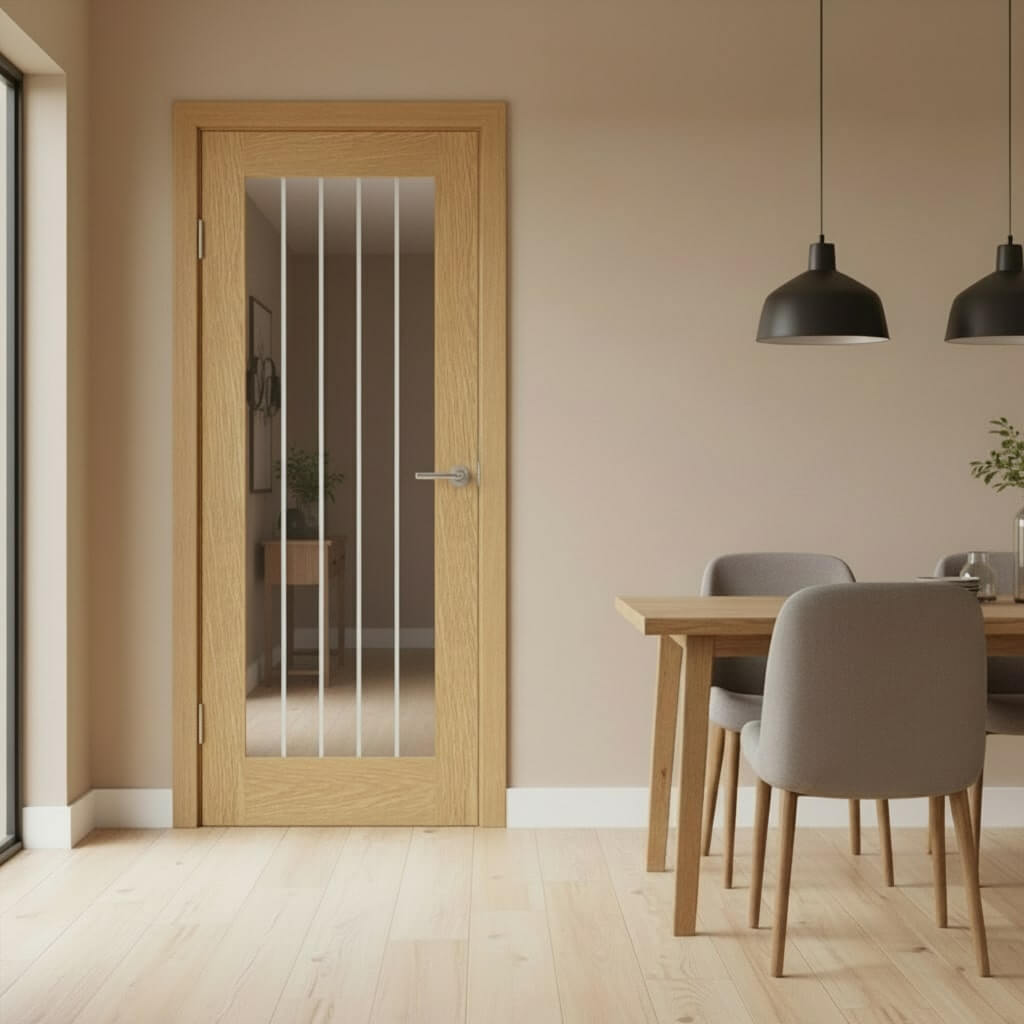 Suffolk prefinished oak glazed door shown in a traditional cottage-style room