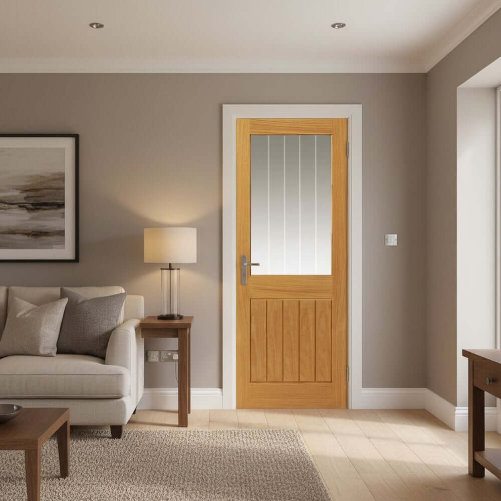 Lifestyle Thames prefinished oak half light glazed internal door installed in a room setting