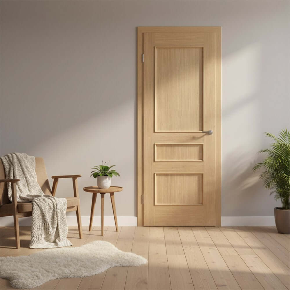 Lifestyle Toledo three panel prefinished oak door installed in a room setting