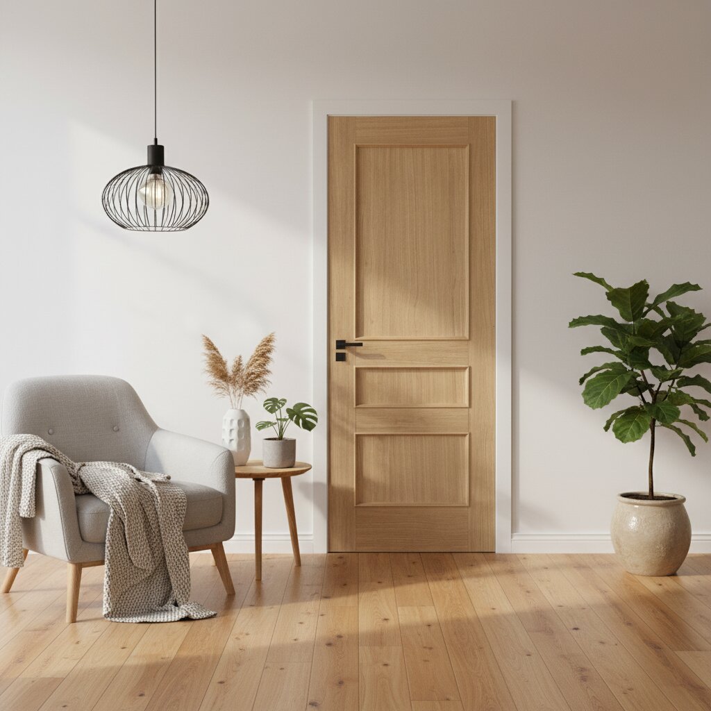 Modern interior with a wooden door, chair, and plants.
