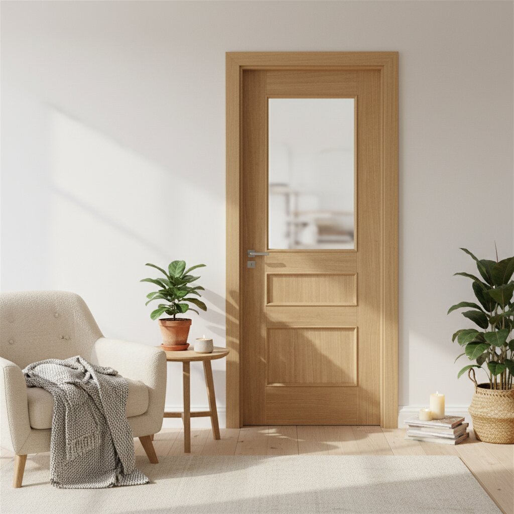 Wooden door with glass panel in a room with a chair, table, and plants.