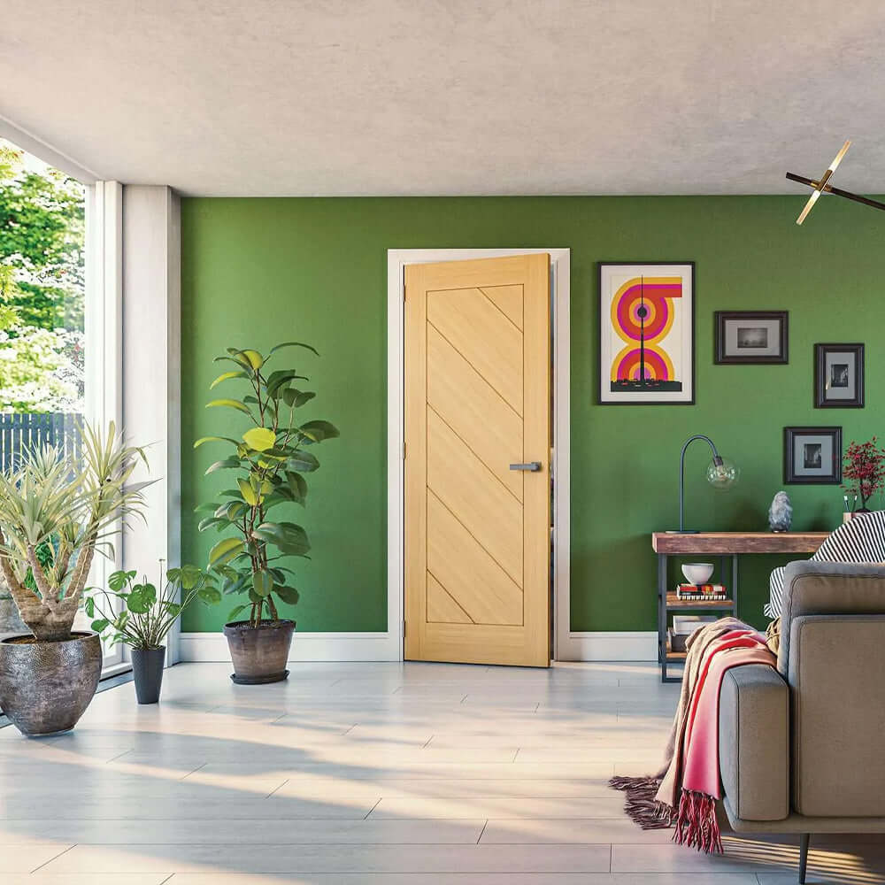 Lifestyle Torino prefinished oak fire door shown in an interior