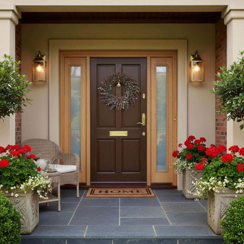 Lifestyle universal frosted glass oak external sidelight installed in an entrance