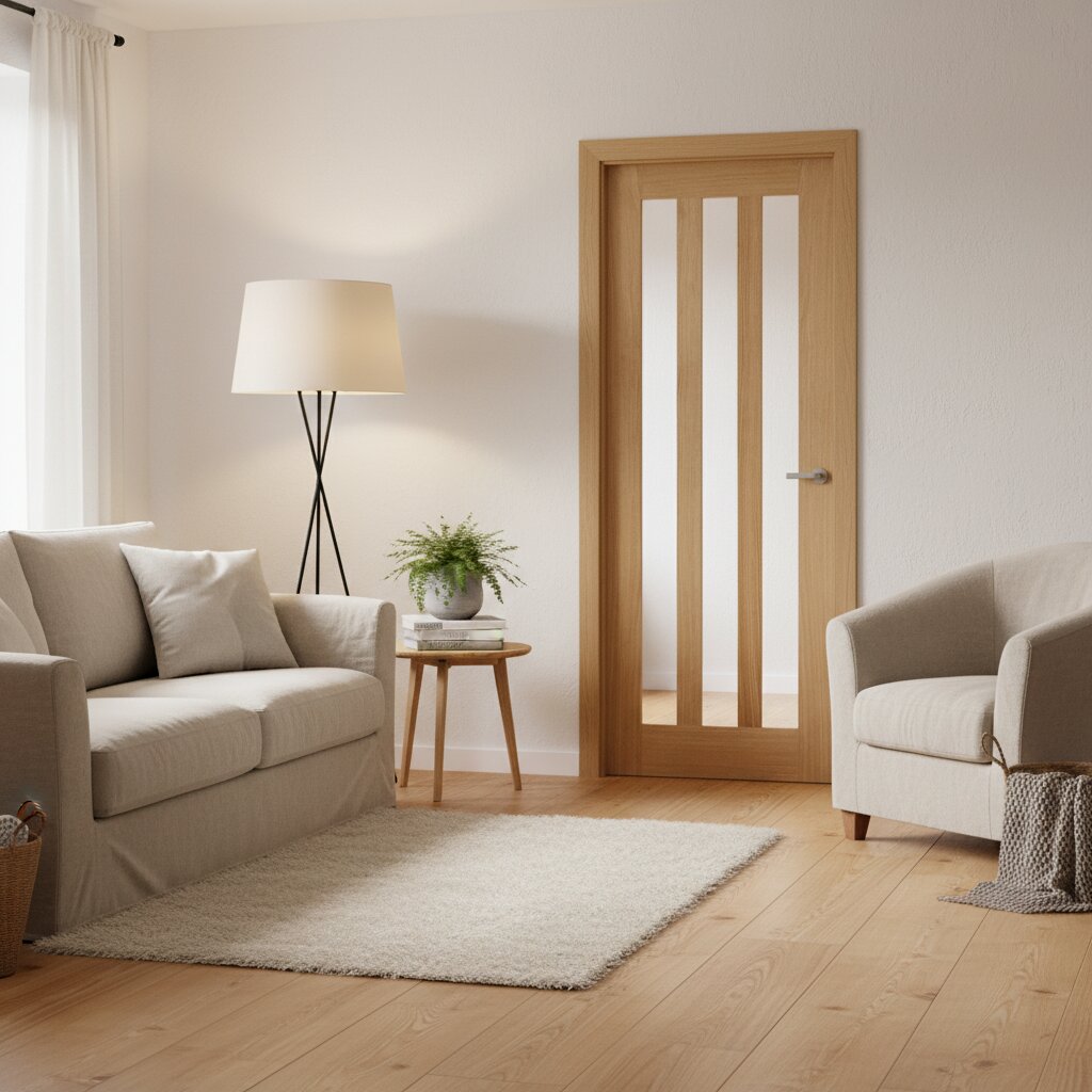 Lifestyle Utah three panel clear glazed prefinished oak door installed in a room