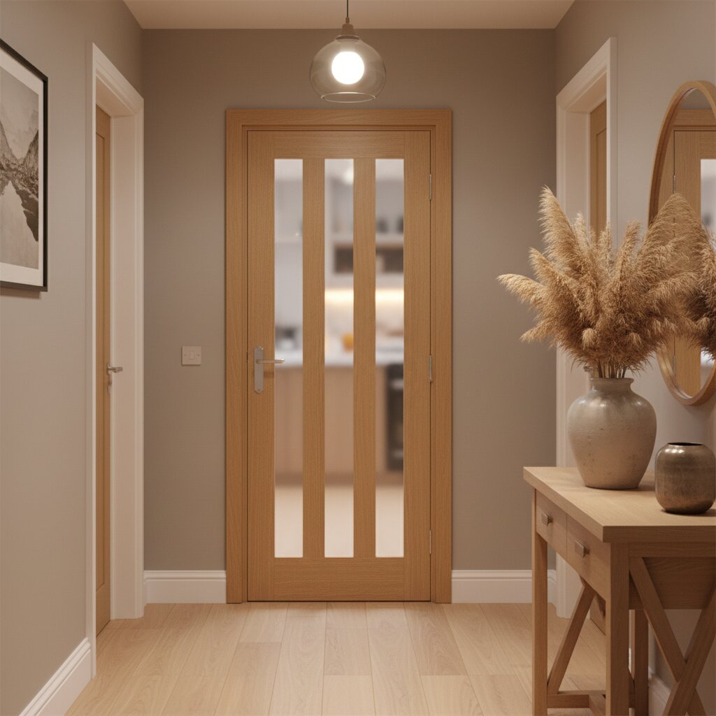 Lifestyle Utah three panel frosted glazed prefinished oak door installed in a room