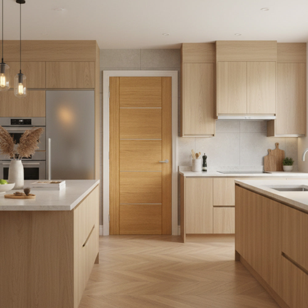 Valencia prefinished oak fire door in kitchen lifestyle setting 