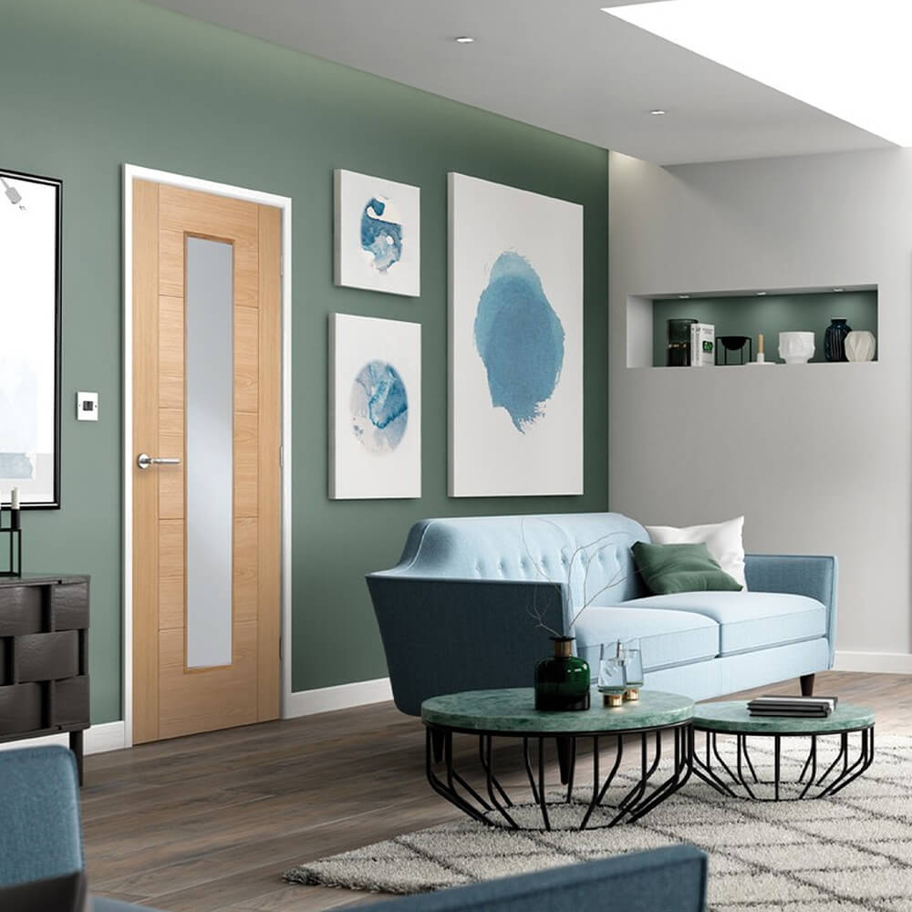 Vancouver Prefinished Oak Long Light Glazed FD30 Fire Door Lifestyle Image