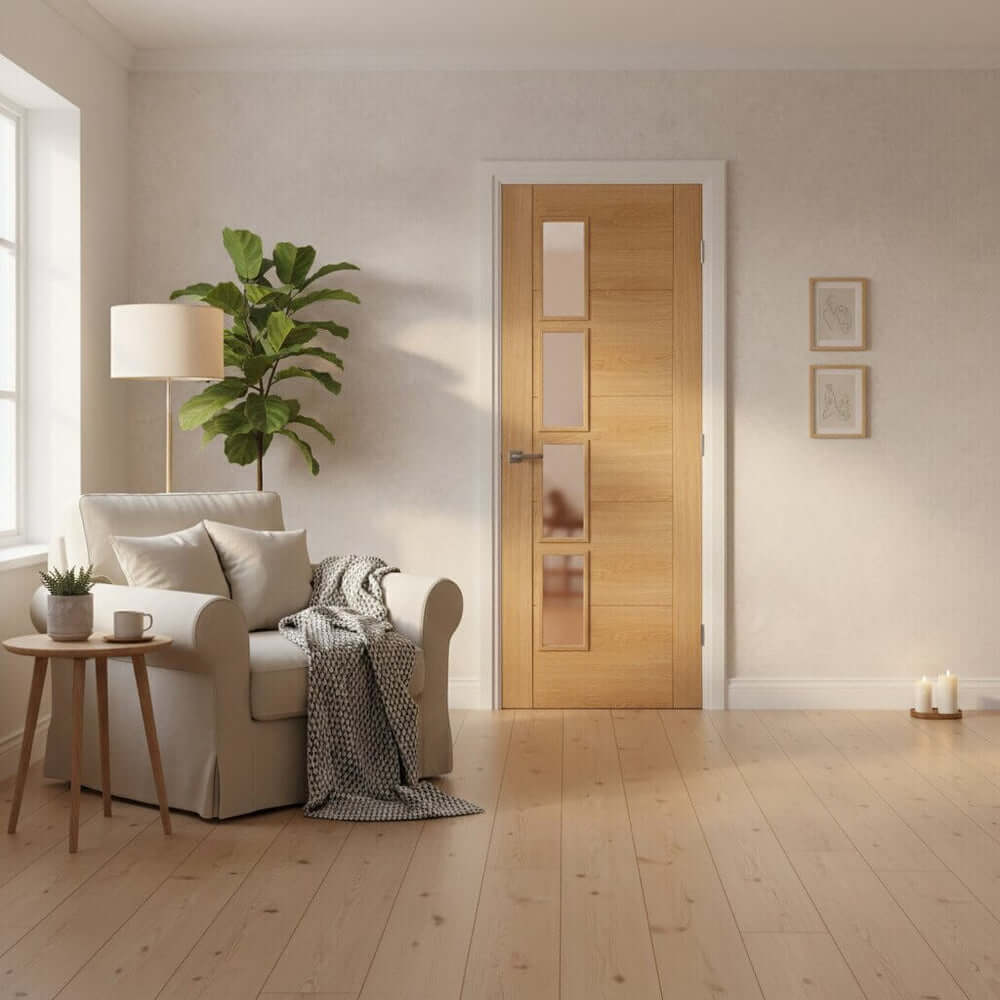 Lifestyle Vancouver prefinished oak offset glazed internal door installed in a room