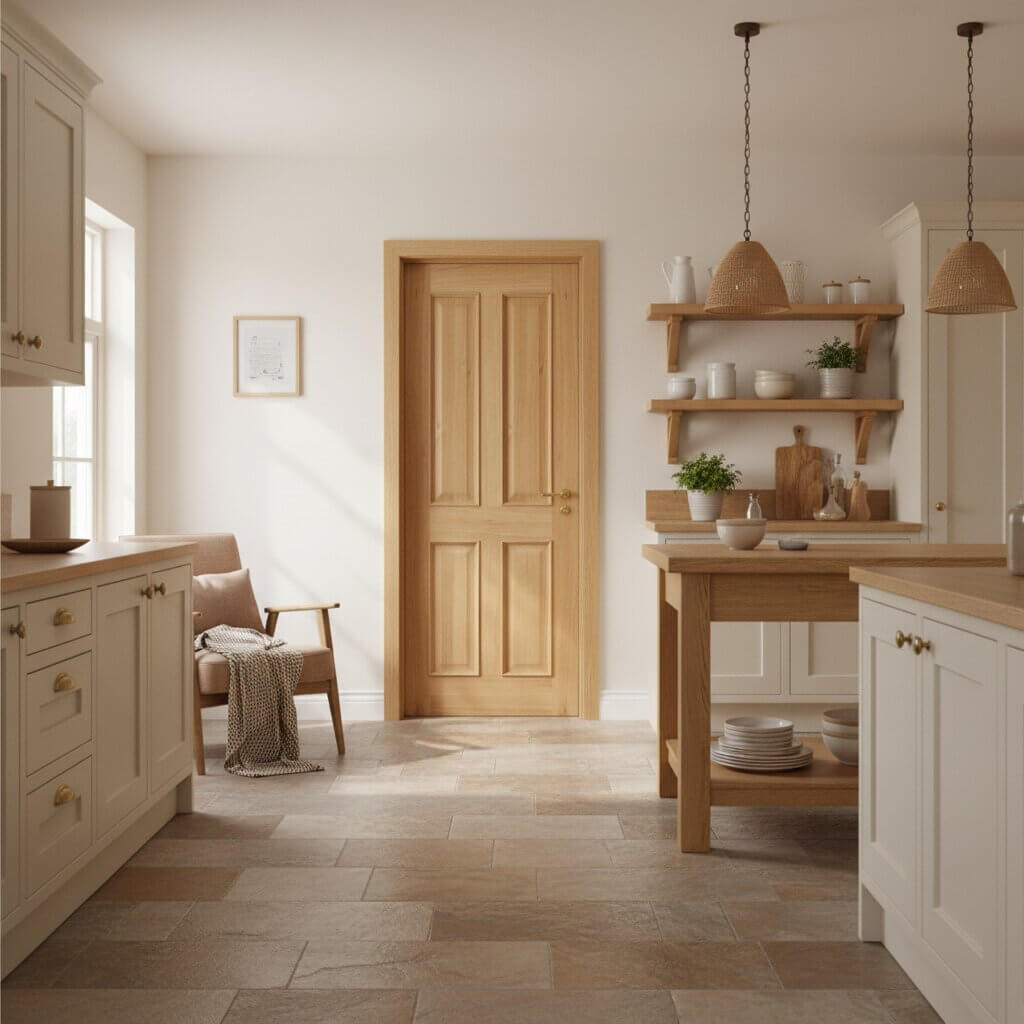 Lifestyle Victorian four panel raised moulding oak fire door installed in a room