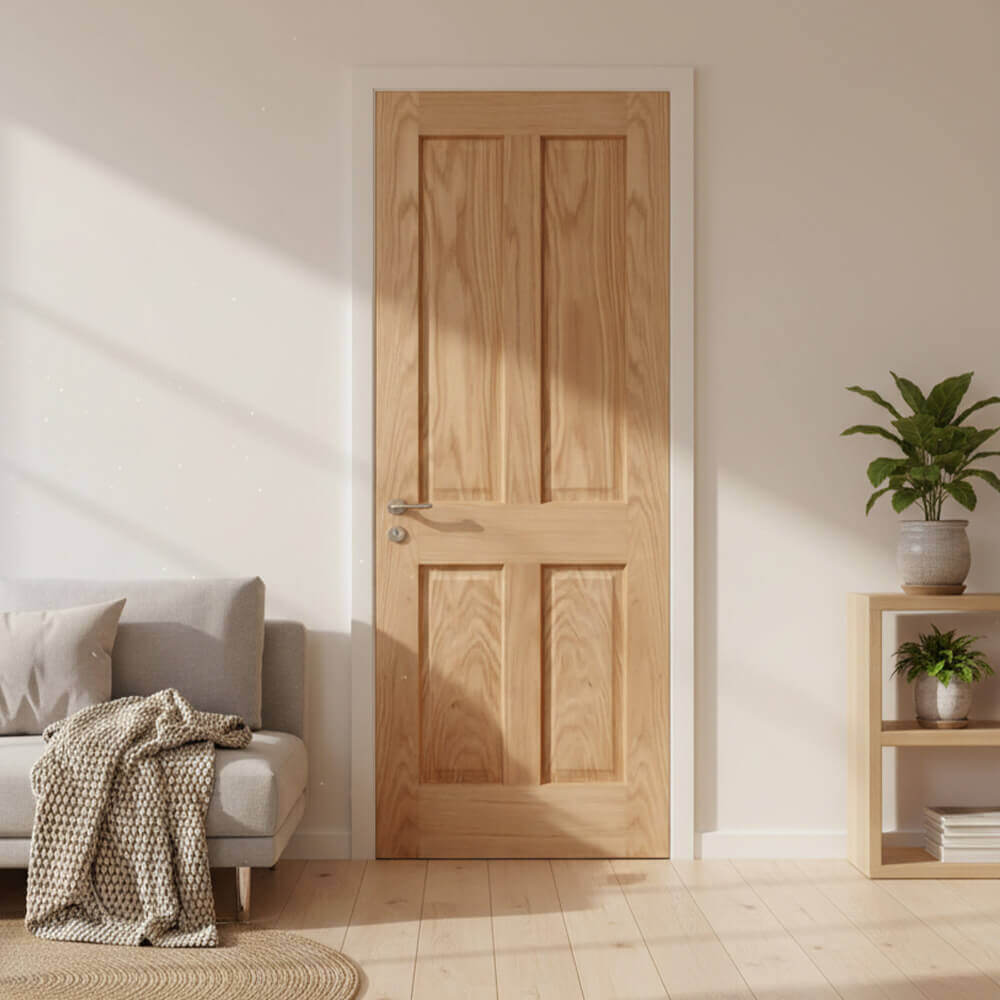 Lifestyle Victorian four panel veneer oak door installed in a room