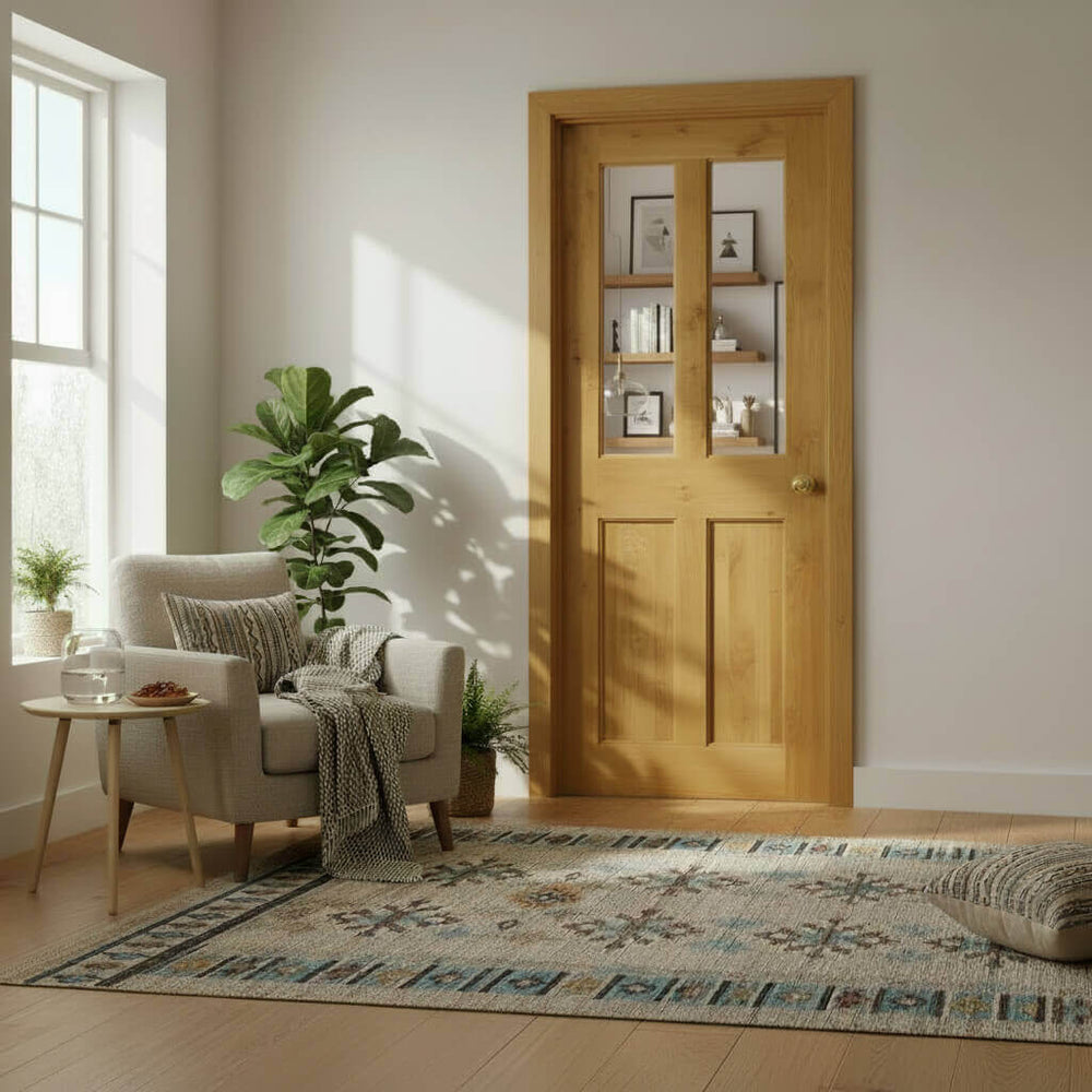 Lifestyle Victorian four flat panel half glazed solid oak door installed in a room