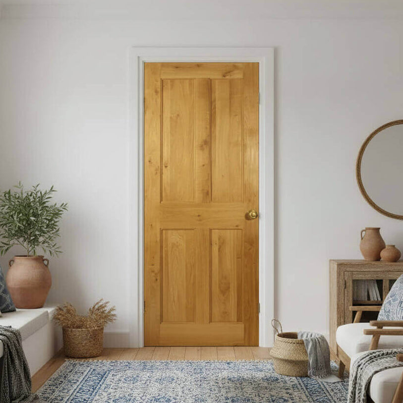Lifestyle Victorian four flat panel solid oak door installed in a room