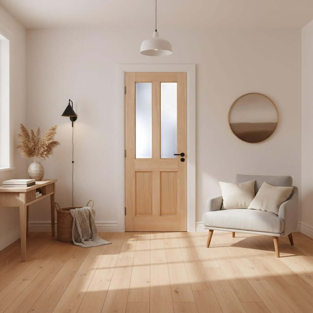 Product Victorian four panel glazed veneer oak door duplicate front view