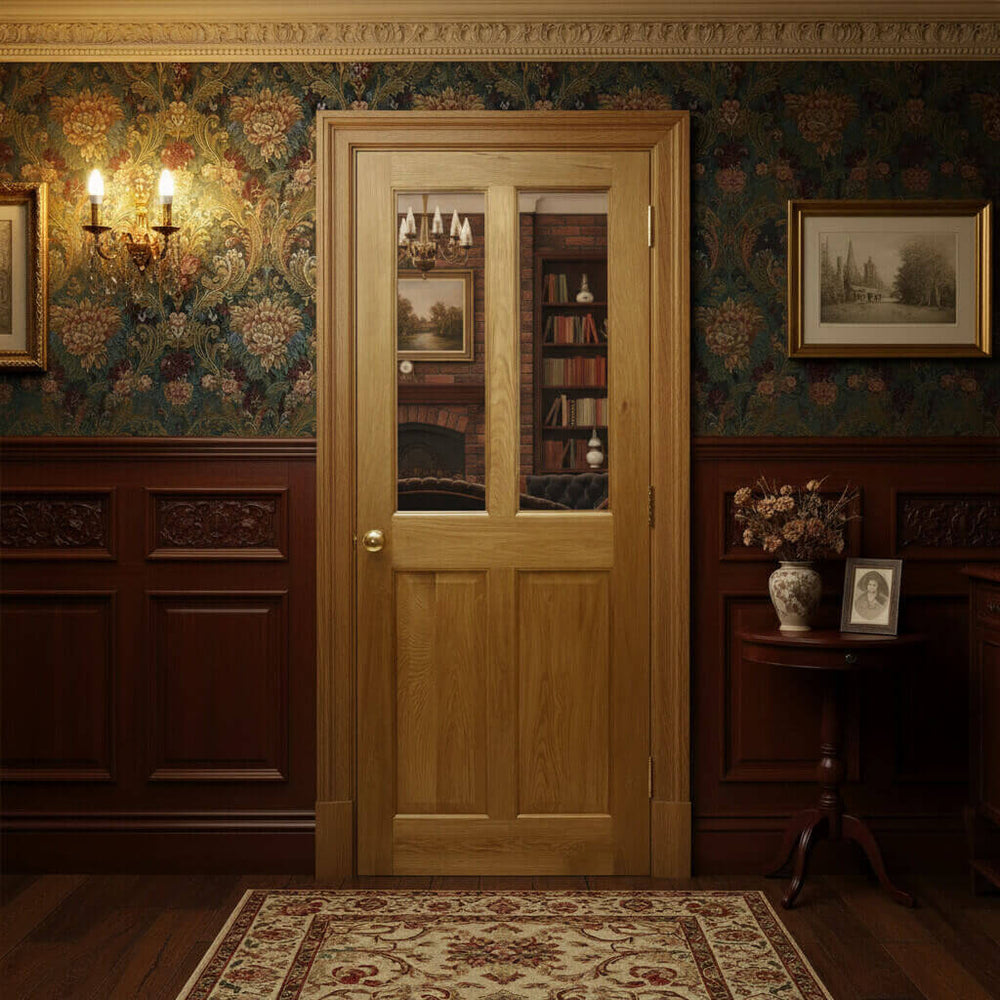 Lifestyle Victorian four panel half glazed solid oak door installed product view