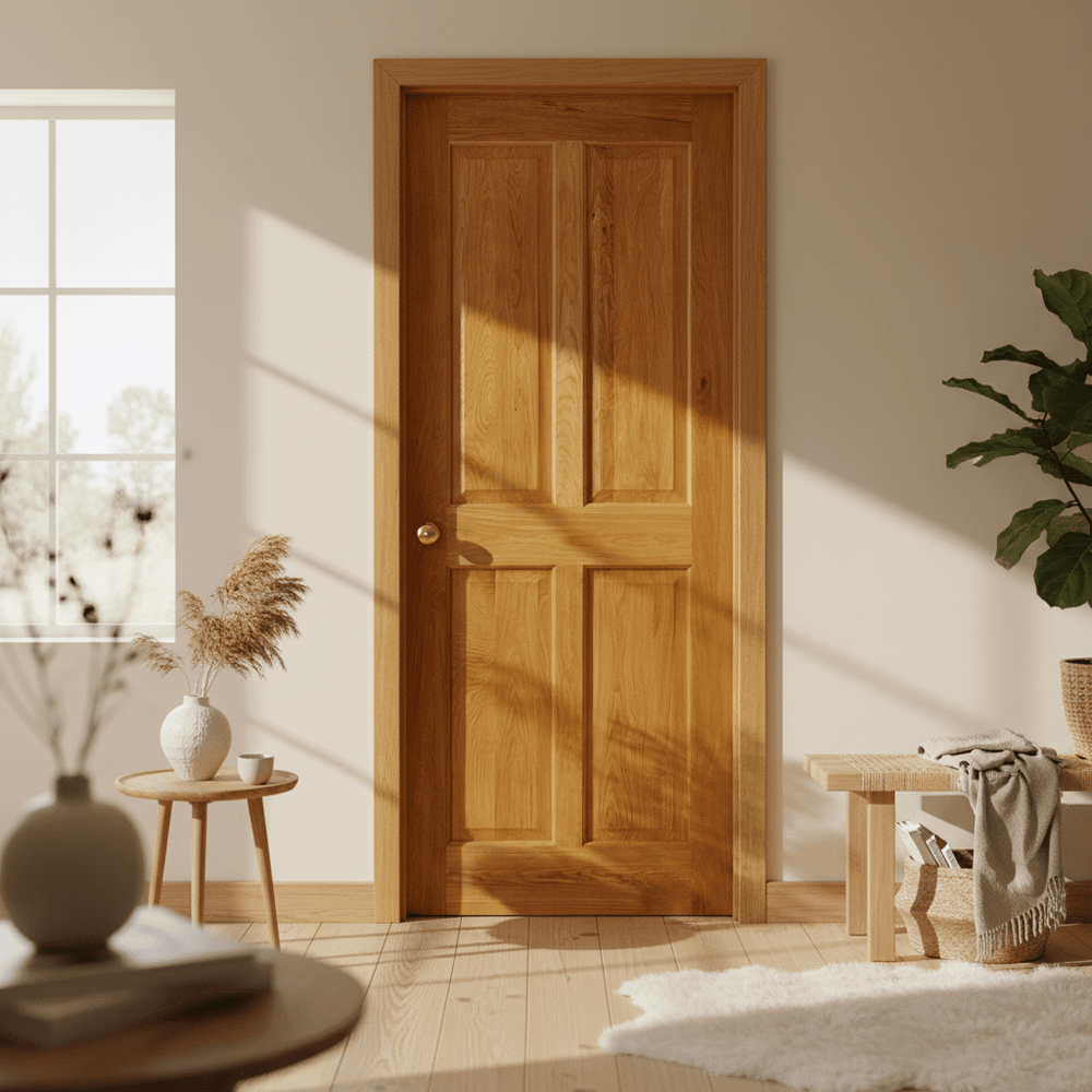 Lifestyle Victorian four panel solid oak door in a sunlit neutral room