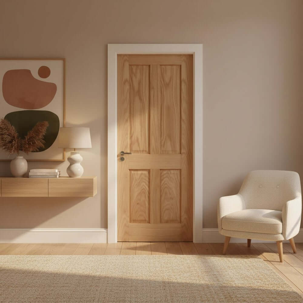 Lifestyle Victorian four panel veneer oak fire door in a warm neutral living room