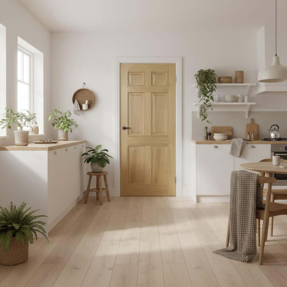 Lifestyle Victorian six panel prefinished oak fire door installed in a bright kitchen