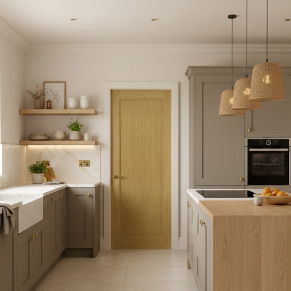 Walden oak unfinished fire door in kitchen lifestyle setting