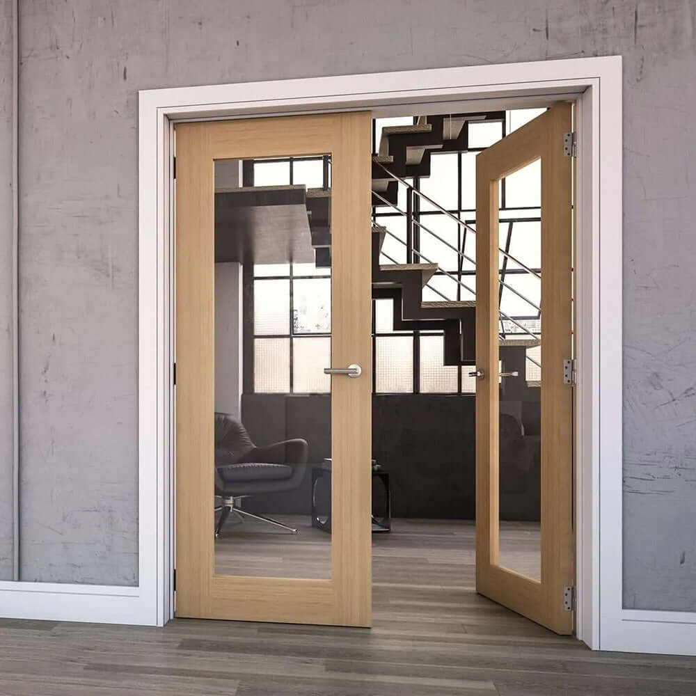 Lifestyle Walden clear glazed oak door installed in a neutral interior