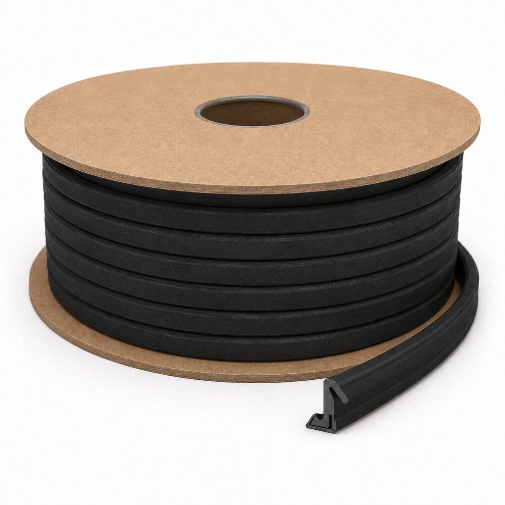Product A spool of black rubber weatherstripping seal tape, shown with a single strip peeled off the side, set against a plain white background.