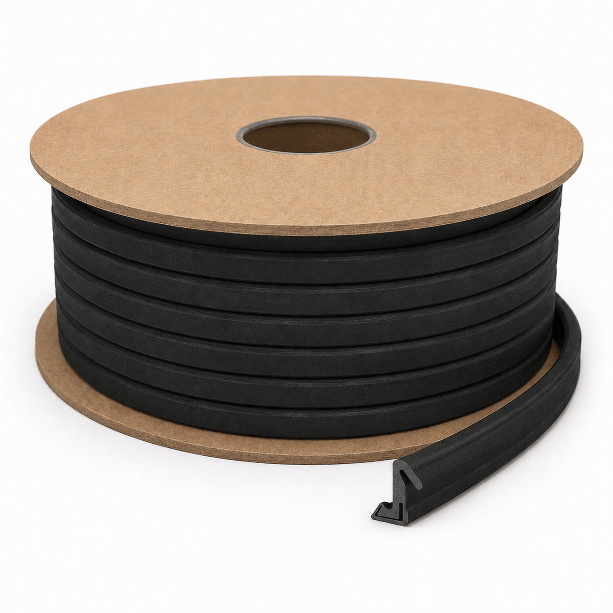 Black Aquamac 21 rubber door seal wound on a brown fibreboard reel