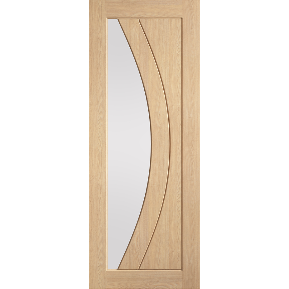 Girona prefinished oak clear glazed internal door with curved grooves and a large clear glass panel