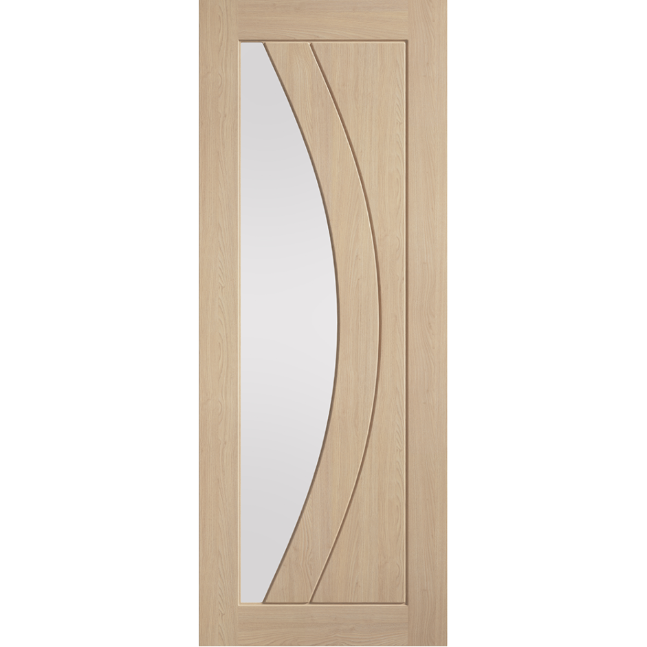 Girona unfinished oak clear glazed internal door with curved grooves and a large clear glass panel