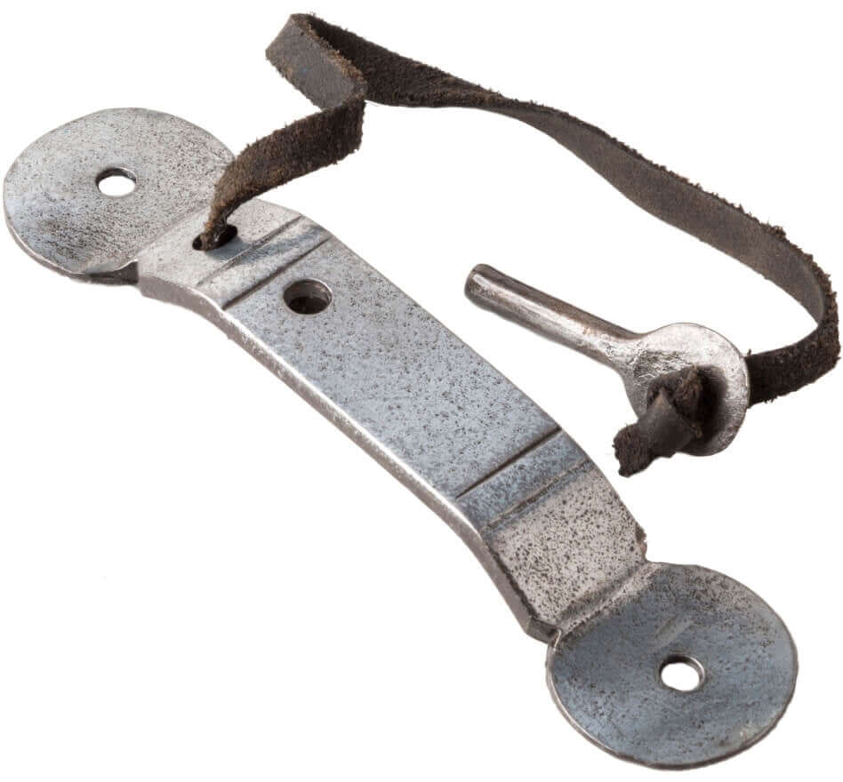 Product pewter cottage latch with leather strap and thumb piece