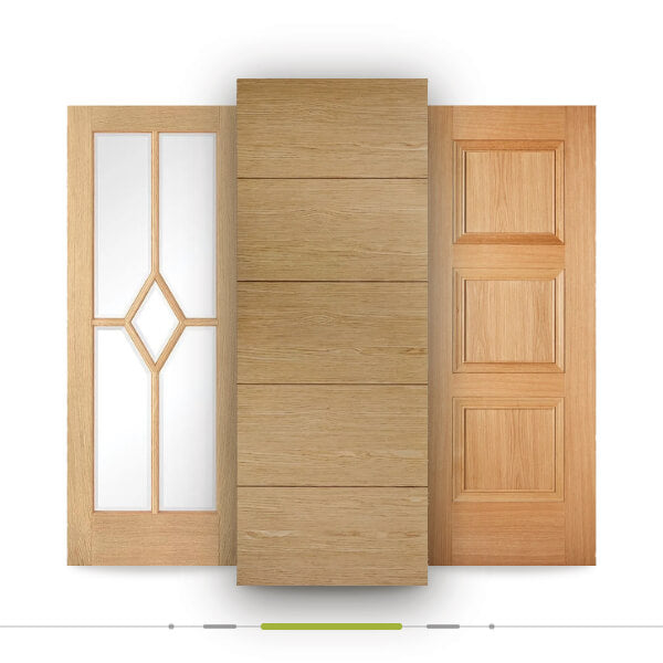 Graphic Three oak wood interior door samples shown side by side on a white background: a tall paneled door with frosted glass inserts on the left, a center door with horizontal panel lines, and a right door with raised rectangular panels.