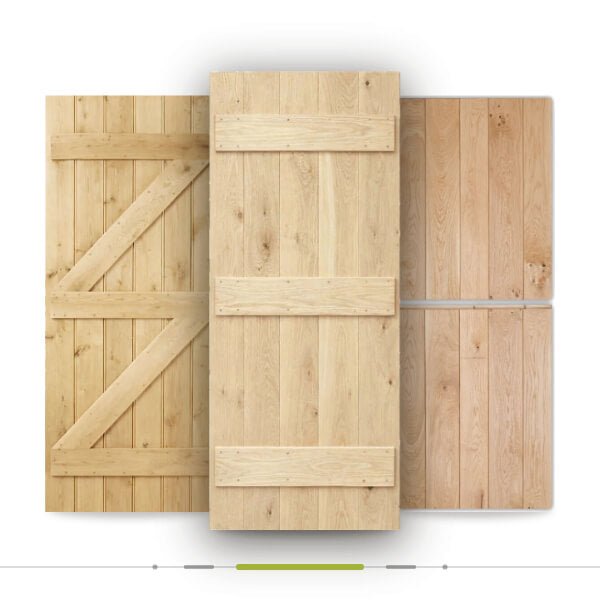 Graphic Three rectangular wooden panel samples with different barn-style door designs and wood grain finishes, arranged side by side on a white background.